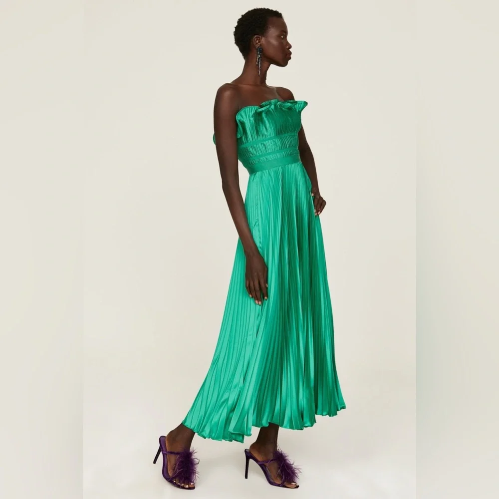 AMUR Giada Dress, Green Satin Pleated, Size 2 - Picture 7 of 7